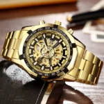 Skeleton Automatic Mechanical Watch Stainless Steel Bracelet Gold Black Silver
