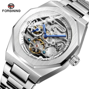 Forsining Fashion Silver Mens Watches Top Brand Luxury Automatic Mechanical Stainless Steel Fashion Business Skeleton Wristwatch