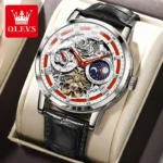 OLEVS Skeleton Men's Watch Automatic Movement Leather Strap Man Watch Waterproof Luminous Dial Wrist Watch Watches Men Clock