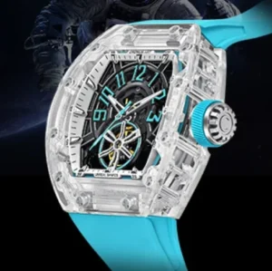 CRONUSART Men Automatic Watch 50mm Tonneau Mechanical Wristwatch Acrylic Case K9 Mirror Semi-circular Luminous Skeleton Dial