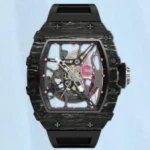 CRONUSART Men Automatic Watch 50mm Tonneau Carbon Fibre Case Mechanical Wristwatch Luminous Fluororubber Strap Skeleton Dial