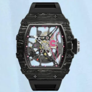 CRONUSART Men Automatic Watch 50mm Tonneau Carbon Fibre Case Mechanical Wristwatch Luminous Fluororubber Strap Skeleton Dial