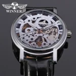T-Winner Popular Lovers Skeleton Design Gold Watches Mechanical Hand Wind Movement PU Leather Strap Wristwatch for Men Women