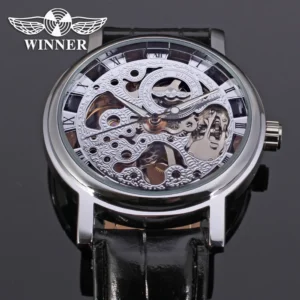 T-Winner Popular Lovers Skeleton Design Gold Watches Mechanical Hand Wind Movement PU Leather Strap Wristwatch for Men Women