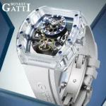 BONEST GATTI  Men Automatic Watch Skeleton Mechanical Rubber Luminous Tonneau Shaped Crystal Glass Case German Design