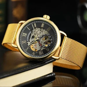 FORSINING 275 Transparent Golden Luxury Casual Design Mesh Strap Mens Watches Top Brand Hand Mechanical Skeleton Watch