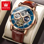OLEVS Top Brand Men's Skeleton Mechanical Watch Waterproof Leather Strap Men Moon Phase Automatic Tourbillon Wristwatch for Men