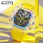 BONEST GATTI Automatic Watch Tonneau Skeleton Mechanical Wristwatch K9 Crystal Case Rubber Strap Multi Dial German Design