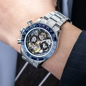 CRONUSART Men Automatic Watch 40mm Chronograph Mechanical Wristwatch Skeleton Dial Luminous Steel Strap Ceramic Bezel