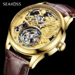 SEAKOSS Zodiac Tiger Super Skeleton Real Tourbillon Watches Men Luxury Sapphire Men's Hand Wind Mechanical Watches Leather Clock