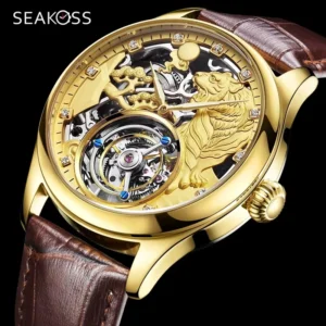 SEAKOSS Zodiac Tiger Super Skeleton Real Tourbillon Watches Men Luxury Sapphire Men's Hand Wind Mechanical Watches Leather Clock