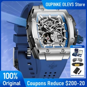 OUPINKE 3213 Mens Watch Skeleton Automatic Mechanical Watch 50M Waterproof Silicone Strap Sports Watch Sapphire Lens Gift Box