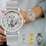 New Fashion Top Women Hollow Skeleton Faux Mechanical Watch Ladies Metal Mesh Quartz Wrist Watches For Female Relogio Feminino