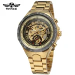 T-WINNER Business Men's Automatic Skeleton Mechanical Watch Retro Black Golden Hollow Clock Stainless Steel Man Sport Wristwatch