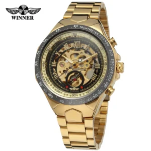 T-WINNER Business Men's Automatic Skeleton Mechanical Watch Retro Black Golden Hollow Clock Stainless Steel Man Sport Wristwatch