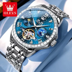 OLEVS 6712 Moon Phase Man Watch Luxury Diamond Bezel Starry Sky Dial Skeleton Flywheel Automatic Mechanical Wrist Watch for Men