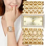 Luxury Ladies Simple Diamond Set Square Bracelet Quartz Watches Fashion Gold Stainless Steel Skeleton Women Clock Dress Watch