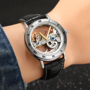 Skeleton Automatic Mechanical Watch Steel Skeleton Tourbillon Leather Waterproof Luminous