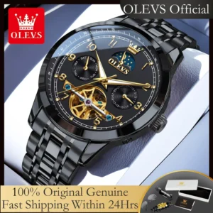 OLEVS Watch Men 7071 Original Skeleton Flywheel Automatic Mechanical Wrist Watches for Man Moon Phase Calendar Luxury Man Watch