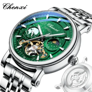 Automatic Mechanical Starry Dial Watches For Men Fashion Moon Phase Skeleton Watch Luxury Stainless Steel Waterproof Wristwatch