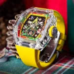 CRONUSART Men Automatic Watch 50mm Tonneau Mechanical Wristwatch Acrylic Case Lume Fluororubber Strap Skeleton Christmas Dial