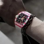 CRONUSART Men Tourbillon Watch Tonneau 50mm Tonneau Mechanical Wristwatch Carbon Fiber Luminous Fluororubber Strap Skeleton Dial