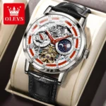 OLEVS Skeleton Men's Watch Automatic Movement Leather Strap Man Watch Waterproof Luminous Dial Wrist Watch Watches for Men Clock
