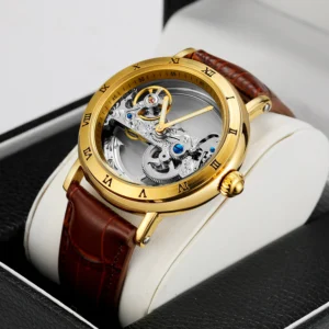 Vintage Golden Bridge Luxury Genuine Leather Skeleton Mechanical Automatic Men Watch