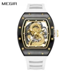 MEGIR Automatic Mechanical Skeleton Men's Watch Luxury Stainless Steel Tonneau Dial Wristwatch Waterproof Sport Watches 9190-15