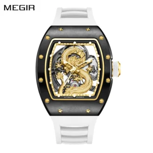 MEGIR Automatic Mechanical Skeleton Men's Watch Luxury Stainless Steel Tonneau Dial Wristwatch Waterproof Sport Watches 9190-15