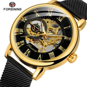 FORSINING Classic Engraved Men Wrist Watches Hollow Mechanical Watches Mesh Strap Roman Numeral Luminous Pointers Skeleton Clock