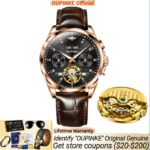 OUPINKE 3291 Man Watch Brown Leather Strap Skeleton Hollow Auto Date Automatic Mechanical Wrist watch for Men