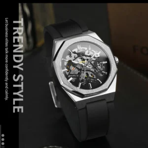 Luxury Brand FORSINING Factory Octagon Stainless Steel Skeleton Mechanical Man Watch Automatic Movement Clockwork Silicone Strap