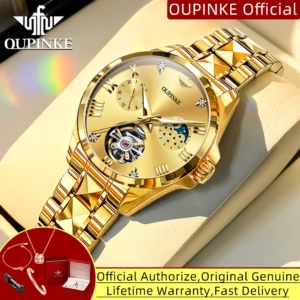 OUPINKE 3202 Waterproof Woman Watch Moon Phase Chronograph Original Skeleton Flywheel Automatic Mechanical Wristwatch for Women