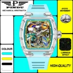 NEW PINDU Fashion Men's Automatic Watch Silicone Strap Acrylic Tonneau Shape Mechanical Watch Skeleton Dial Waterproof Luminous