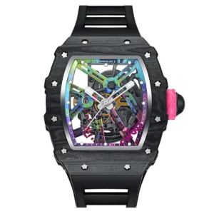 CRONUSART Men Automatic Watch Tonneau Carbon Fibre Case Mechanical Wristwatch Luminous Fluororubber Strap Skeleton Dial