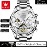 OLEVS Automatic Man Watch Skeleton Flywheel Stainless Steel Waterproof Moon Phase Original Luxury Mechanical Watch for Men 7005