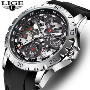 LIGE Luxury Men Watches Automatic Mechanical Wristwatch Skeleton Design Waterproof Silicone Strap