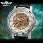 T-Winner Classic Fashion Royal Skeleton Design Watches Mechanical Hand Wind Movement PU Leather Strap Wristwatch for Mens Womens