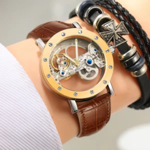 Top Brand Luxury Steel Skeleton Tourbillon Automatic Watch Men Leather Mechanical Waterproof Luminous Elegant Wrist Clock