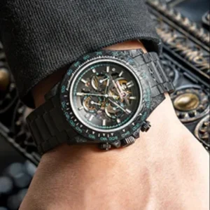 CRONUSART Men Automatic Watch 42mm Chronograph Mechanical Wristwatch Carbon Fibre Case & Strap Luminou Skeleton Dial