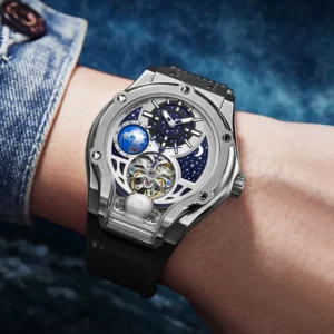 HANBORO Men Automatic Watch 44mm Mechanical Wristwatches Luminous Waterproof Skeleton Dial Rubber Strap Earth 24 Hours